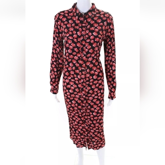 Ganni Dresses & Skirts - Ganni Womens Button Front Floral Midi Lindale Crepe Dress Black Red Size 34 (2)